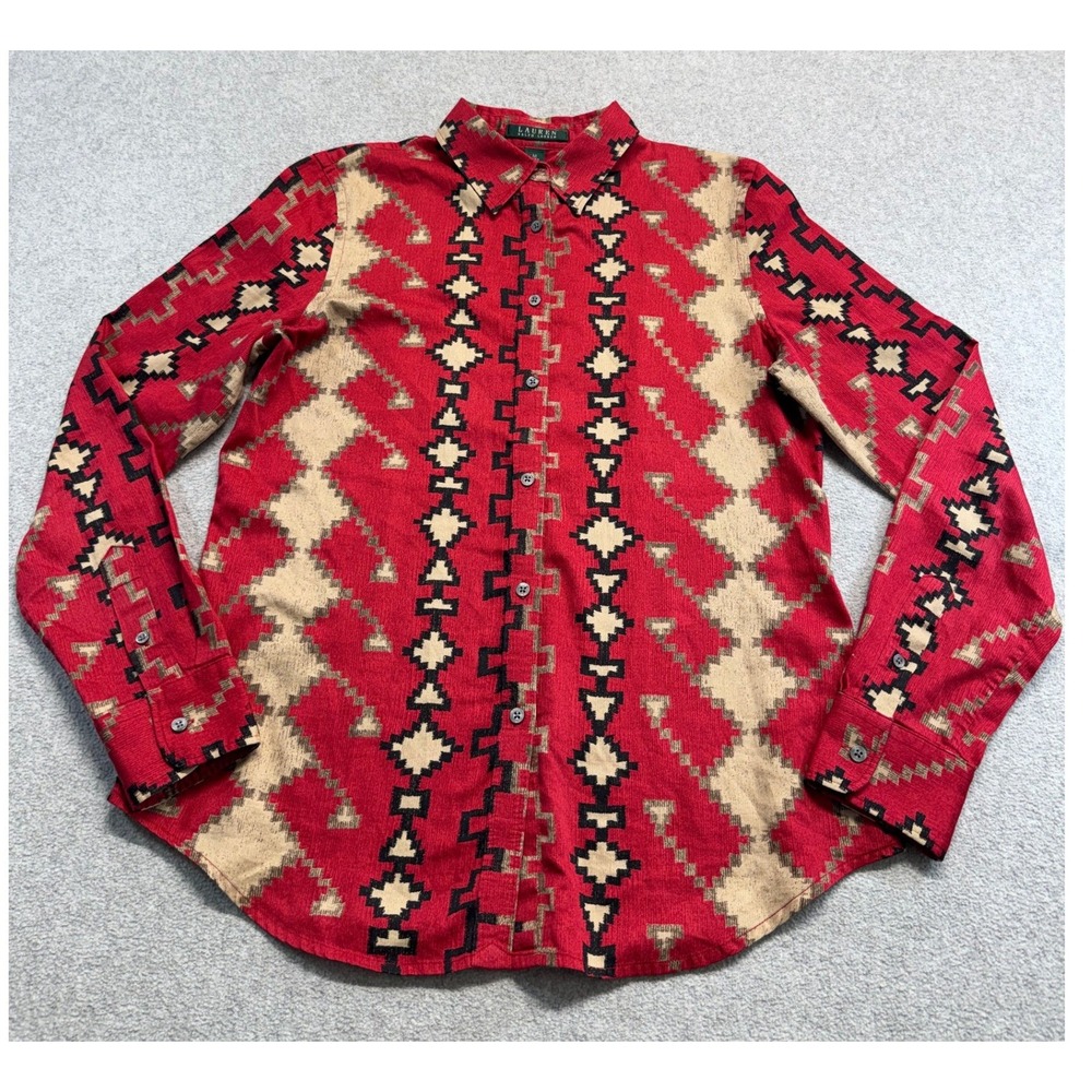 Lauren Ralph Lauren Womens M Red Southwestern Geometric Cotton Button Shirt